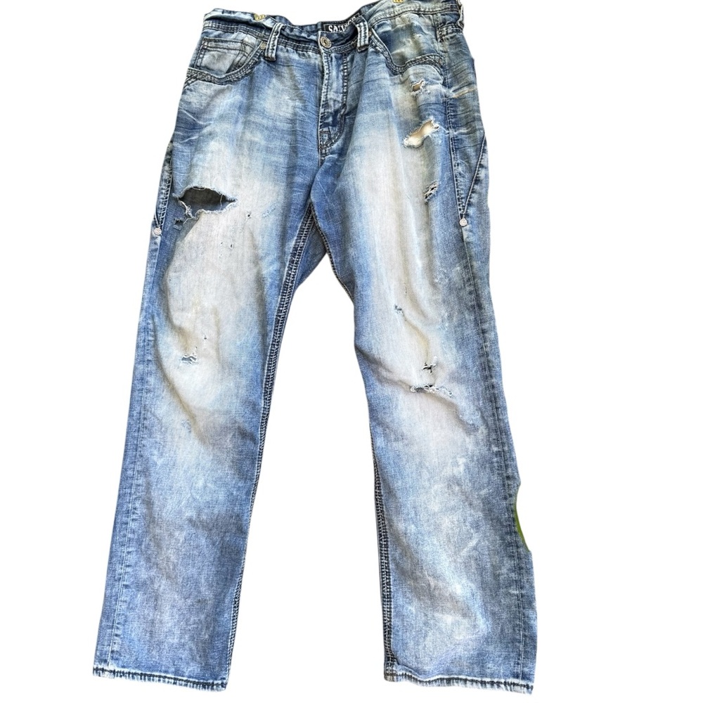Salvage Mayhem Straight Jeans Men 33L  34 X  34 Blue Distressed Denim Faded